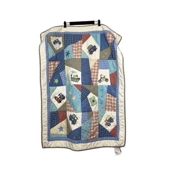 Vintage Kidsline Quilted Patchwork Blue Cars Bikes Baby Crib Blanket‎ Boys - Picture 1 of 10